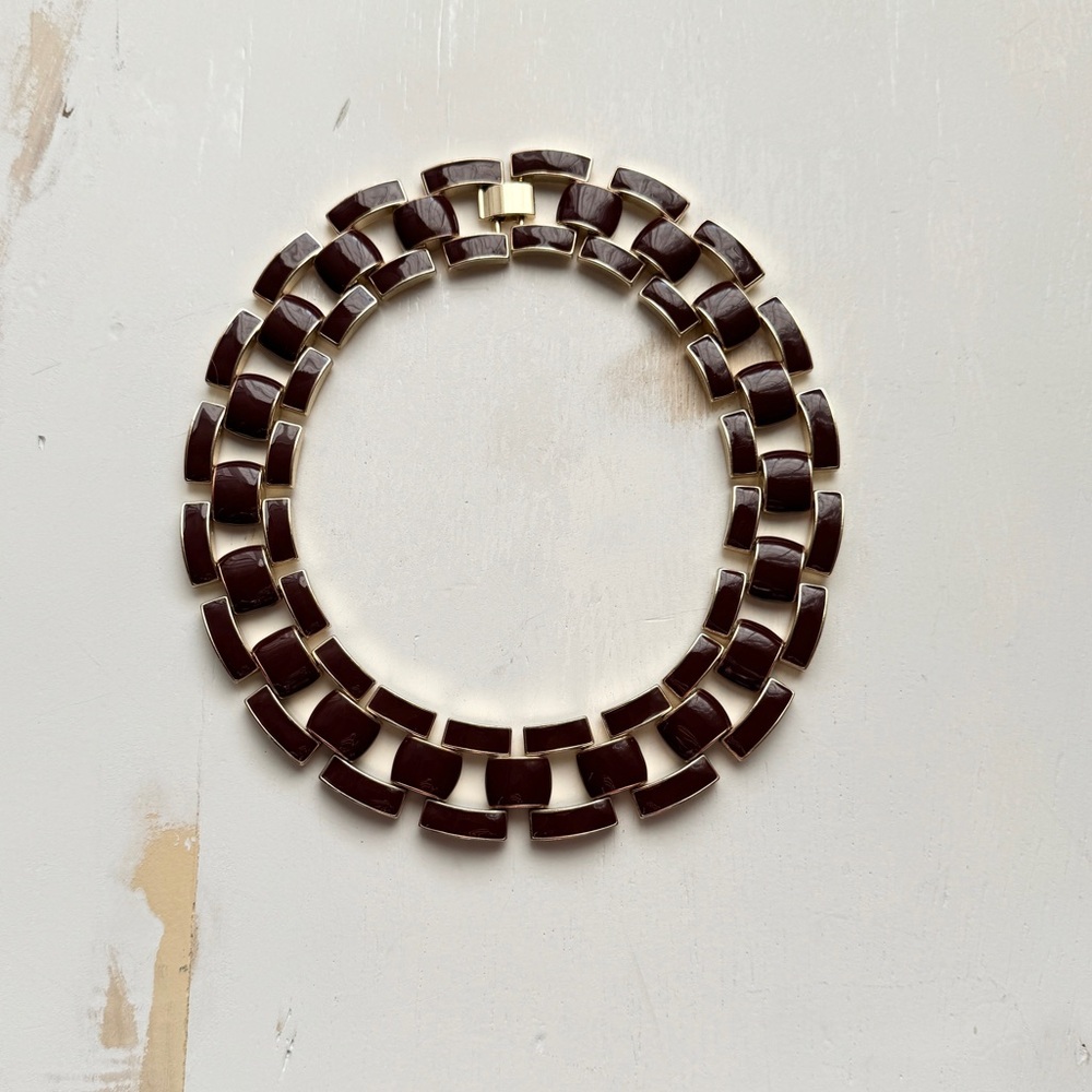 Vintage Gold Tone & Burgundy Enamel Retro Statement Collar Necklace Choker!